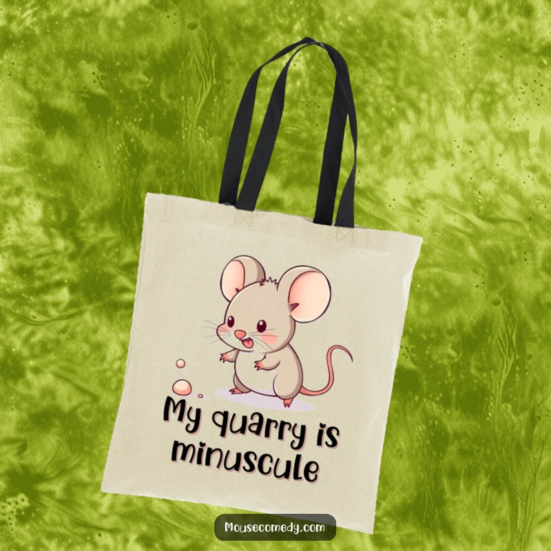 Funny kawaii mouse character with immense focus chasing a tiny dust speck on a reusable tote bag.
