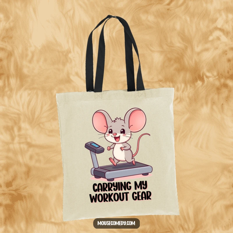 Funny kawaii mouse tote bag, a mouse with big ears running on a treadmill, perfect for carrying gym essentials.