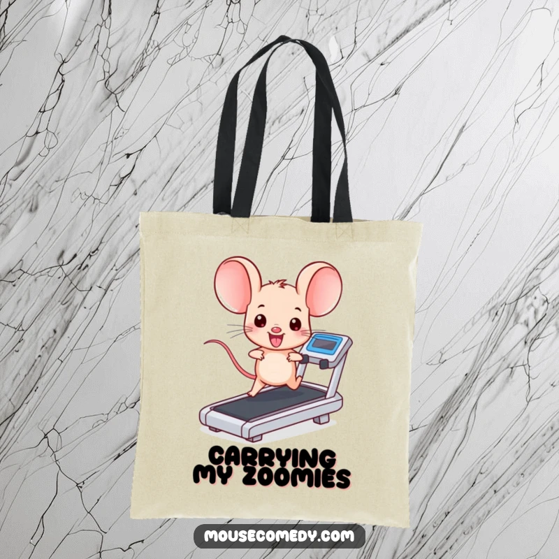 Funny kawaii mouse with huge ears, jogging on a treadmill, symbolizing fitness. A practical and funny gift for shoppers.