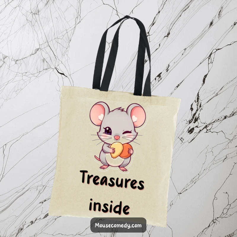 Funny Mischievous Mouse Tote Bag - A cute, sly mouse hiding a tiny treat, perfect for carrying your essentials with a touch of playful secrecy and humor.