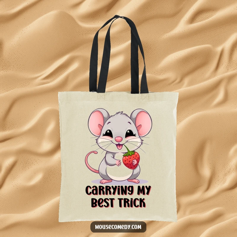 Funny giggling mouse balancing a berry on its nose, printed on a durable tote bag.