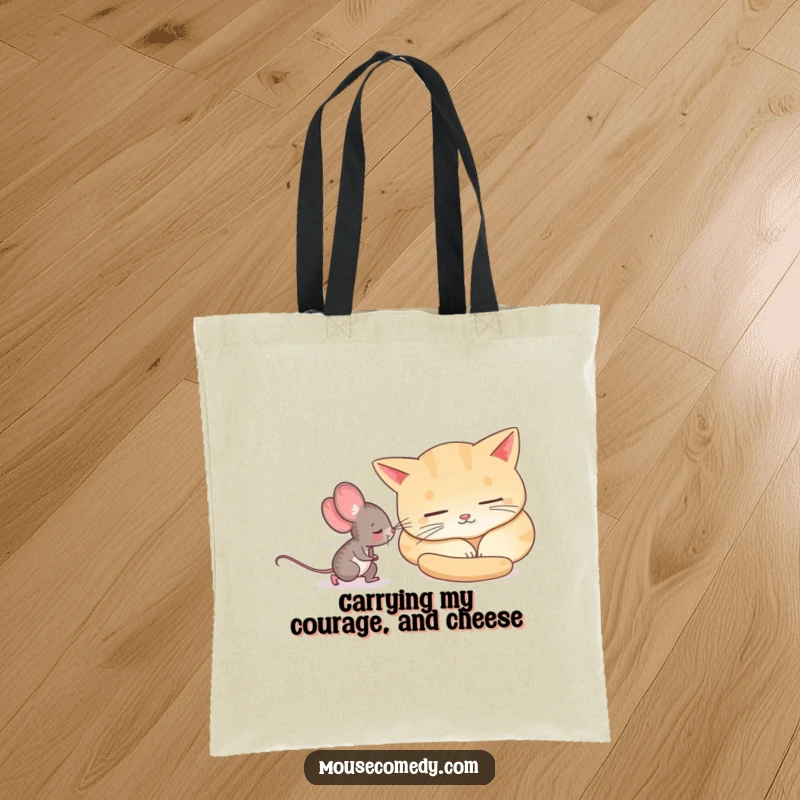 Funny mouse making a stealthy getaway from a sleeping cat, printed on a durable, stylish tote bag.