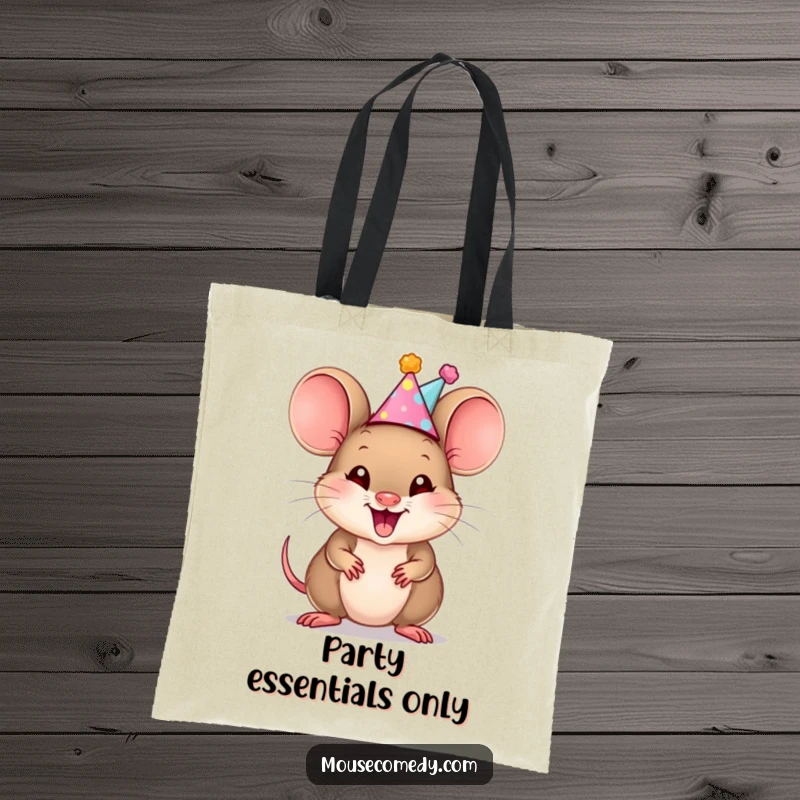 Funny Mouse Cub Tote Bag: This tote bag shows a happy mouse cub wearing a tiny party hat and squeaking with infectious excitement.