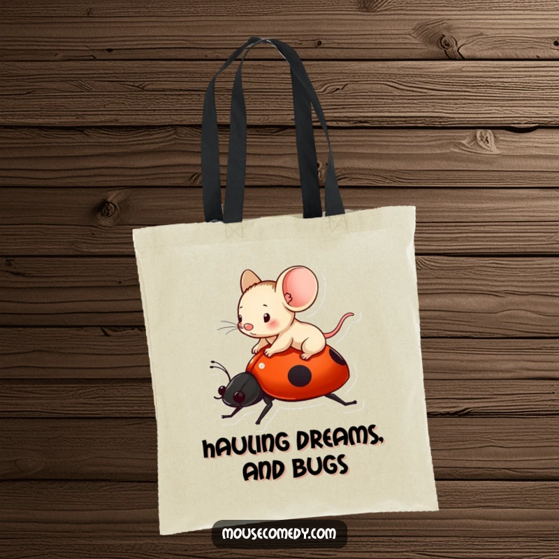 Funny tiny mouse happily riding on a ladybug, printed on a spacious and durable tote bag.
