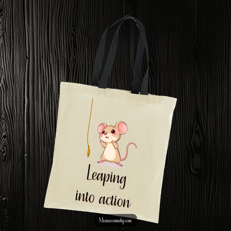 Funny mouse tote bag with a graphic of a rodent mid-leap, enthusiastically reaching for a dangling string, a practical funny gift.