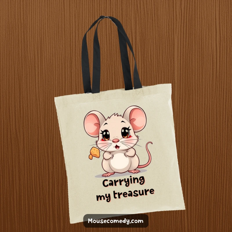 Funny Surprised Mouse Tote Bag depicting a mouse with wide, surprised eyes looking up at a floating, sparkling crumb.