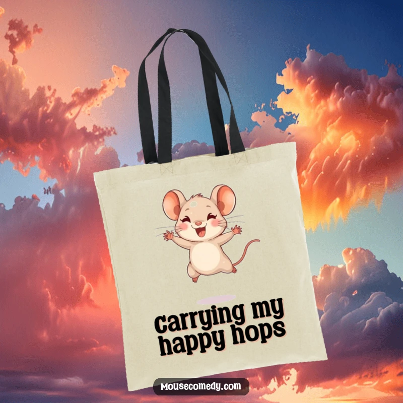Funny tote bag featuring a tiny mouse with energetic bounds, leaping joyfully, symbolizing happiness and swift movement.