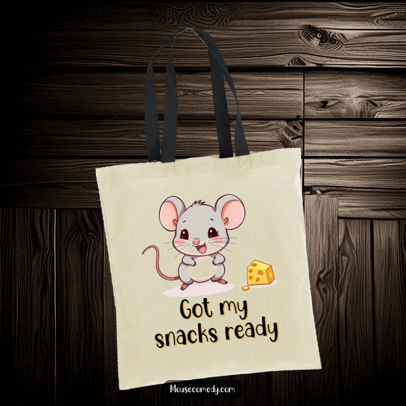 Funny Mouse Tote Bag: A cute mouse gleefully chases cheese, a humorous and practical bag for everyday use.