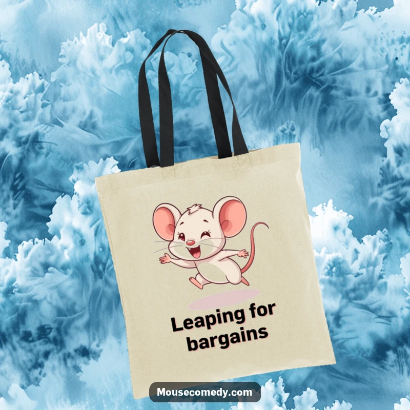 Funny Mouse Cub Tote Bag: This tote bag shows a mouse cub in mid-air, attempting a comical and enthusiastic clumsy leap.