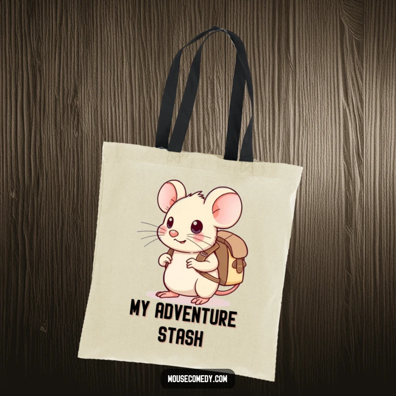 Funny Kawaii Mouse Tote Bag: A charming mouse equipped with a small backpack, signaling readiness for an exciting journey.
