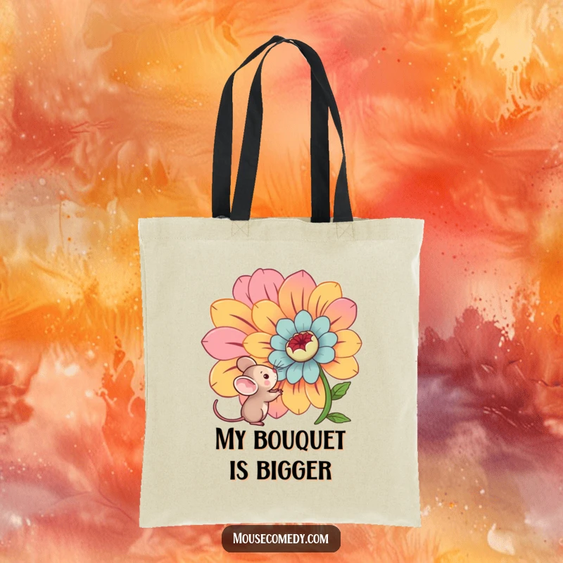 Funny kawaii mouse peeking at a giant, colorful flower, ready for adventure on this durable and stylish tote bag.