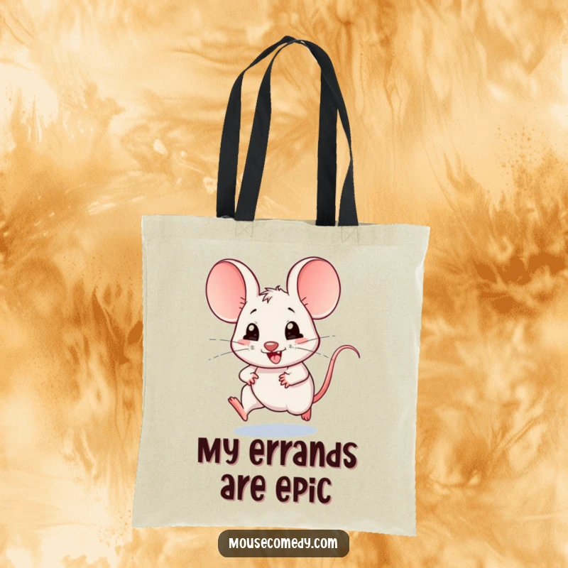Funny tote bag depicting a kawaii mouse with big ears, running joyfully fast, a perfect accessory for errands and expressing playful energy.