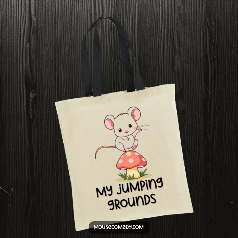 Funny kawaii mouse mid-jump over a tiny, stylized mushroom on a reusable tote bag, celebrating movement.