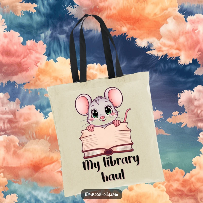 Funny tote bag with a kawaii mouse peeking curiously over a large book, showcasing a love for reading and intellectual exploration humorously.
