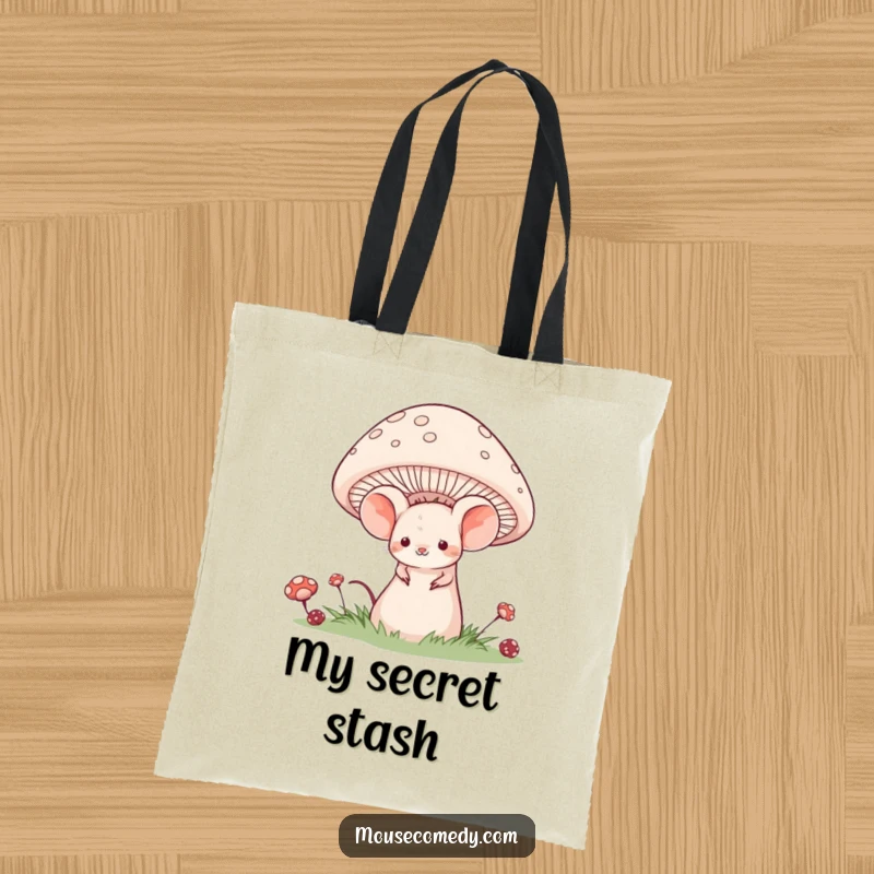 Funny tote bag illustrating a timid mouse with a shy smile, hiding behind a large, colorful mushroom.