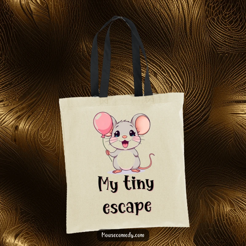 Funny kawaii mouse tote bag, illustrating an adorably shocked mouse holding a comically tiny balloon, ready for any surprise.
