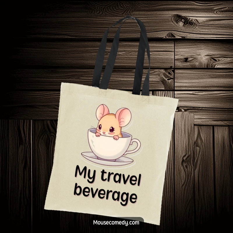 Funny kawaii mouse peeking out from a miniature teacup on a reusable tote bag, showcasing tiny living.