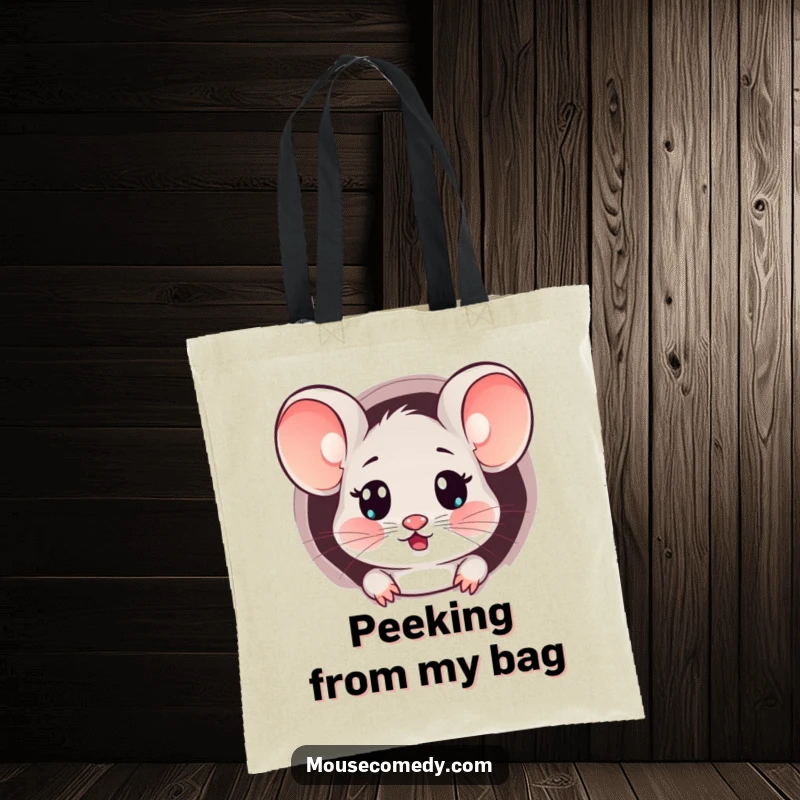 Funny Kawaii Surprised Mouse Tote Bag: A tote bag featuring a mouse with a surprised expression peeking from a tiny hole.