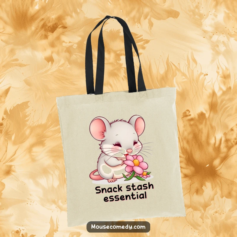 Funny mouse tote bag featuring a content mouse nibbling a flower petal, blending nature's beauty with everyday functionality and humor.